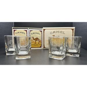 Vintage Etched Camel Cigarette Shot Glasses And Playing Cards